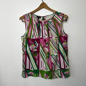 Talbots Womens Pink Green Geometric Floral Cotton Sleeveless Button Back Top 10